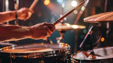 Naklejka premium Close-up of a drummer's sticks hitting the drum.