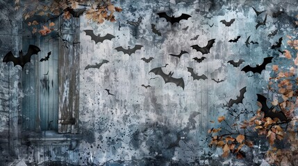 Obraz premium Grunge Halloween Background with Bats and Leaves.