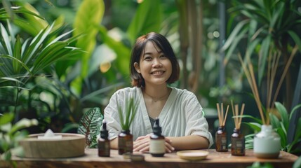 Beautician smiling presenting homemade cosmetics in green tropical background