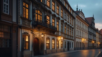 Fototapeta premium Empty cobblestone street with illuminated buildings in the evening