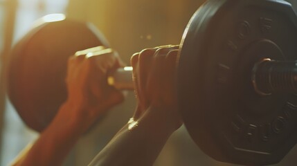 A person lifting a dumbbell in a sunlit gym during evening workout hours