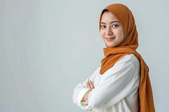 Muslim businesswoman smiling with arms crossed on white background