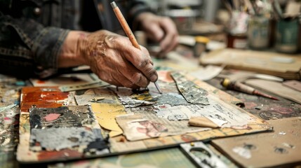 An artist's hands mixing colors on a palette in a creative studio filled with tools and materials during a daytime session