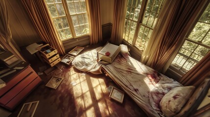 Sunlight shining through windows in abandoned bloody crime scene bedroom
