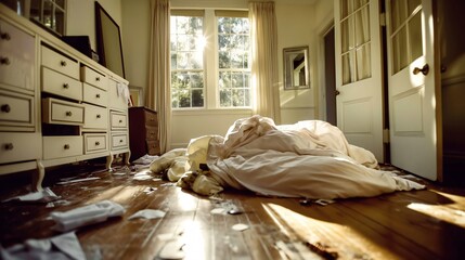 Bedroom ransacked with open drawers and clothes strewn around