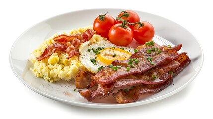 Full English breakfast with scrambled eggs and bacon on solid white background,