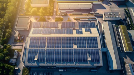 Aerial view of solar panels on industrial building roof generating renewable energy