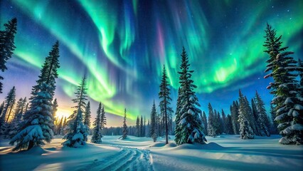 Breathtaking display of vibrant green and blue aurora borealis dancing across starry night sky over snow-covered evergreen forest landscape.