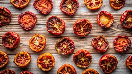 Vibrant, oven-dried tomato halves arranged artfully in a pattern on a rustic wooden surface, isolated on a clean white background.
