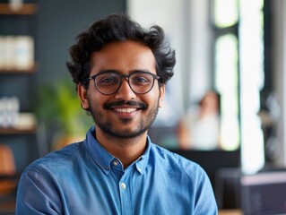 Obraz premium A man with glasses and a blue shirt, everyday casual wear