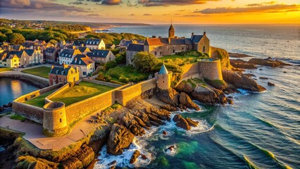 Rugged coastline of Normandy's Saint Vaast La Hougue village features historic fortifications and majestic sea views at golden hour.
