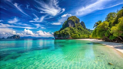 Serenely tranquil turquoise waters lap against pristine white sandy shores of idyllic Pak Bia island, Krabi, Thailand, under vibrant blue skies.