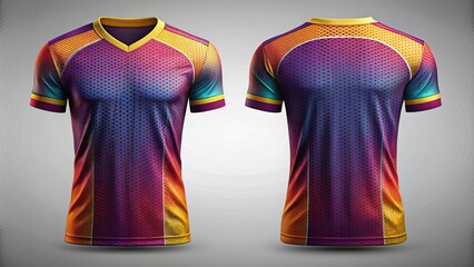 A sleek, modern, blank football jersey template with vibrant colors and intricate design details, showcasing front and back views.