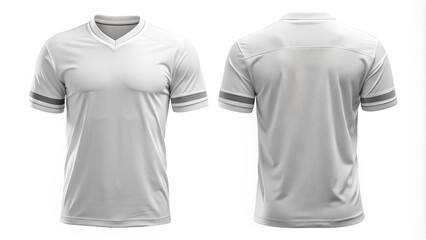 Blank white football jersey with sleeve cuffs and collar, front and back views, empty space for customized name and number design.