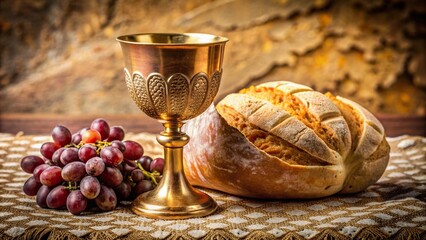 Elegant wine chalice and artisanal bread arrangement on ornate tablecloth, symbolic of Catholic sacrament, ideal for religious and cultural designs.