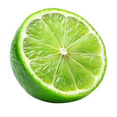 Half sliced lime with green flesh, showcasing the juicy interior and vibrant rind. Isolated on transparent background, png.