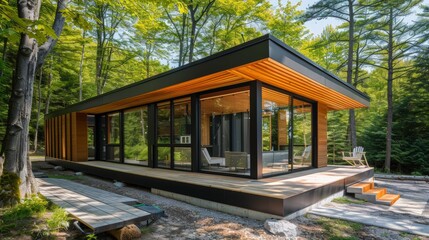 Modern wooden home surrounded by lush green forest