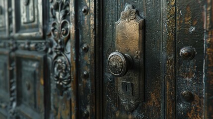 Intricate bronze door handle and aged wooden door with intricate carvings in an old building, showcasing craftsmanship from a bygone era