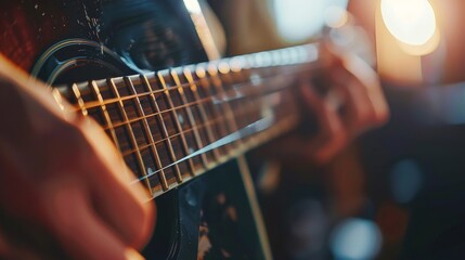 Fototapeta premium Macro shot of a guitar's strings being strummed. 