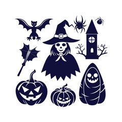 Vector Halloween silhouettes set Clipart illustration On a White Background