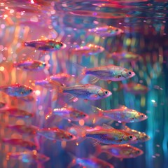 Fototapeta premium Futuristic Shoal: Dynamic Minnows in Holographic Rainbow Spectrum