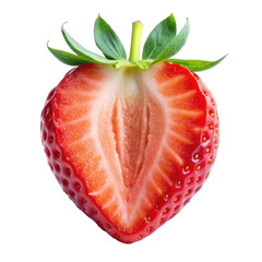 Half sliced strawberry, showcasing the vibrant red flesh and tiny seeds. Isolated on transparent background, png.