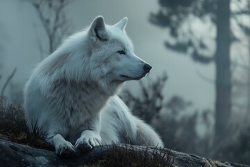 Obraz premium Majestic white wolf resting on a rock in a misty forest