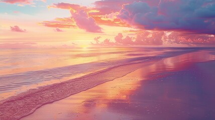 Sunrise at the beach, with the sun casting a golden glow over the water and sand. Perfect for themes of beauty, tranquility, and new beginnings