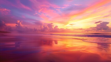 Fototapeta premium Sunrise at the beach, with the sun casting a golden glow over the water and sand. Perfect for themes of beauty, tranquility, and new beginnings