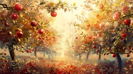 Vibrant autumn orchard with red apples on branches.