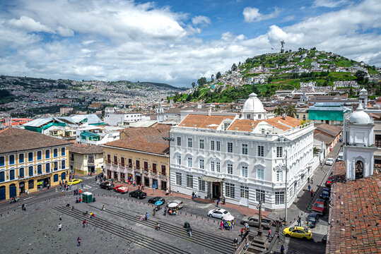 Image of Quito, with its beautiful streets, rooftops and colonial style. Quito was the first city to be named "Cultural heritage of Humanity" by the UNESCO. Quito sits in the middle of the Andes.