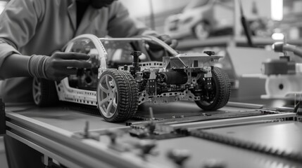 Fototapeta premium A person works on a small-scale model of a car, focusing on the details