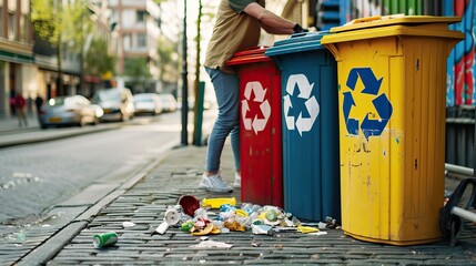 Fototapeta premium People take out plastic bags of trash or recycling bins. Recyclable Bottles Garbage Bin. AI generated image