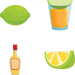 Tequila beverage icons set cartoon vector. Traditional strong agave drink. Mexican alcohol
