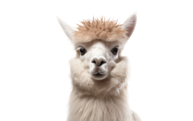 This image portrays an adorable alpaca with a fluffy coat and a calm expression, set against a clean white background, emphasizing the alpaca's charming features in detail.