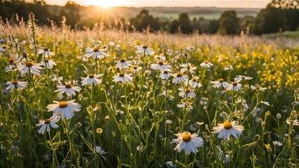 A field of white flowers with the sun shining on them
