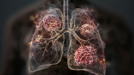 Detailed 3D rendering of human lungs with cancerous tumors, highlighting the respiratory system and medical health concerns.