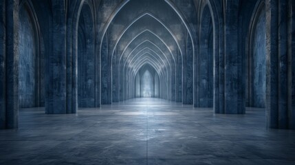 Fototapeta premium Gothic hall with high arches and mysterious lighting.