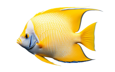 A high-quality image of a vibrant yellow fish with striking blue fins set against a white background, showcasing the fish's detailed and textured scales.