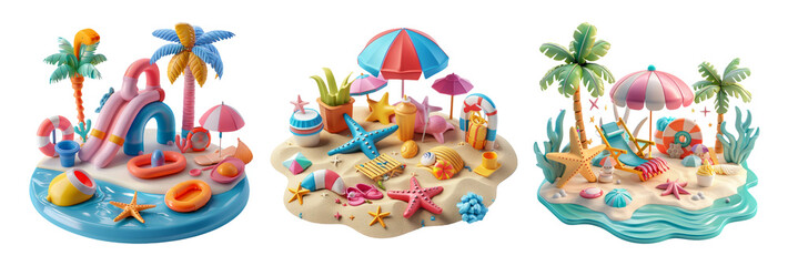 Colorful Beach Scene with Palm Trees, Umbrellas, and Summer Accessories in Playful Style