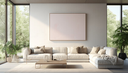 Minimalist living room subtle color accents with empty frame