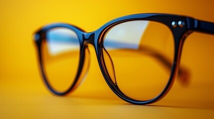 Close up shot showcasing stylish eyeglasses with a sleek black frame on a bright yellow backdrop