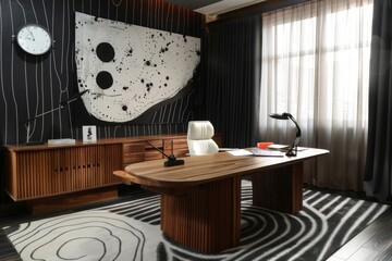 Modern office with abstract art decor wooden furniture and large windows creating a stylish and creative workspace