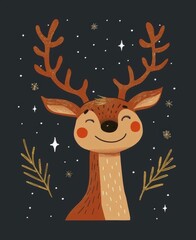 Fototapeta premium Christmas card design with minimalist reindeer, glitter shine, and cheerful typography.