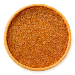 Whole treacle tart isolated on white from above.