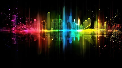 Colorful city skyline with rainbow glow and reflection.