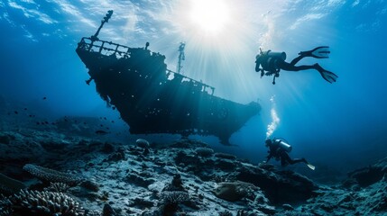 Scuba divers explore a sunlit shipwreck in clear ocean water, surrounded by marine life and underwater scenery