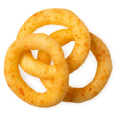 Three spicy corn onion rings isolated on white from above.