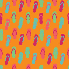 Seamless pattern with flip flops. Bright orange and green colored slippers with different ornaments background. Beach sandals summer vector flat illustration