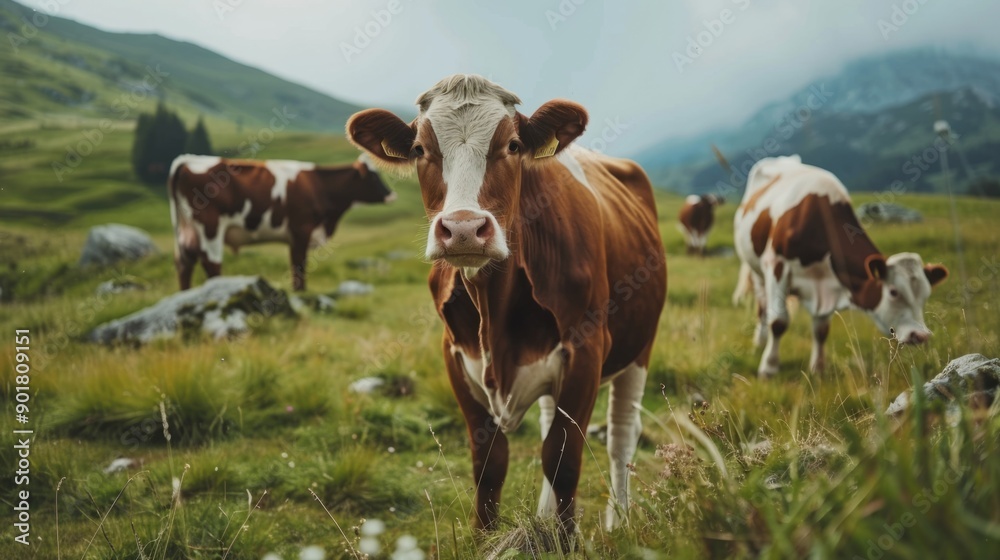 Poster a cow is standing in a field with other cows